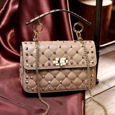 Nude Rockstud Leather Quilted Handbags Foldover Crossbody Chain Bags-2