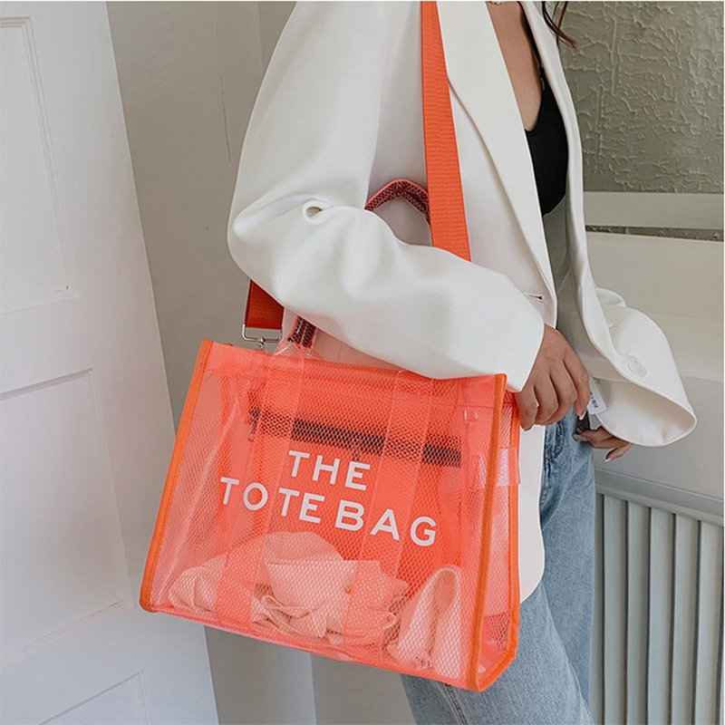 Orange Clear Tote Bag Large Tote Handbags with Removable Wide Strap | PRUSES-3
