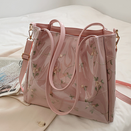Pink Clear Tote Bag Flower Printed Crossbody Tote with Removable Strap| PRUSES-1
