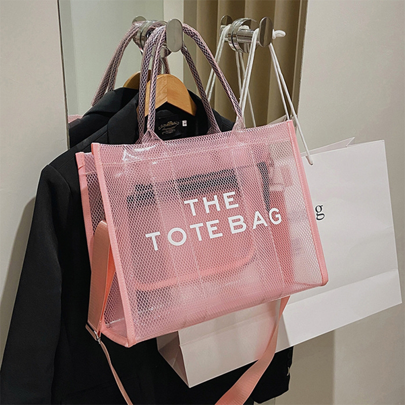 Pink Clear Tote Bag Large Tote Handbags with Removable Wide Strap | PRUSES-1