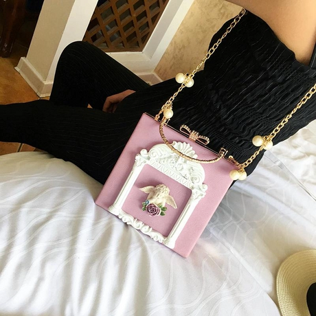 Pink Retro Angel Box Mini Crossbody Bags Lolita Pearl Chain Bag