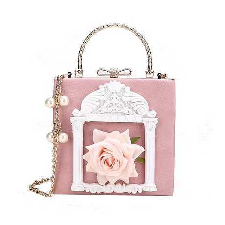 Pink Retro Flowers Box Mini Crossbody Bags Lolita Pearl Chain Bag | PRUSES-1