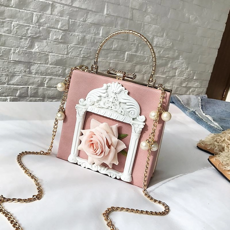 Pink Retro Flowers Box Mini Crossbody Bags Lolita Pearl Chain Bag | PRUSES