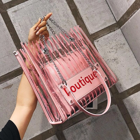 Pink Stripe Clear Beach Tote Bags Chain Strap Shoulder Handbags| PRUSES