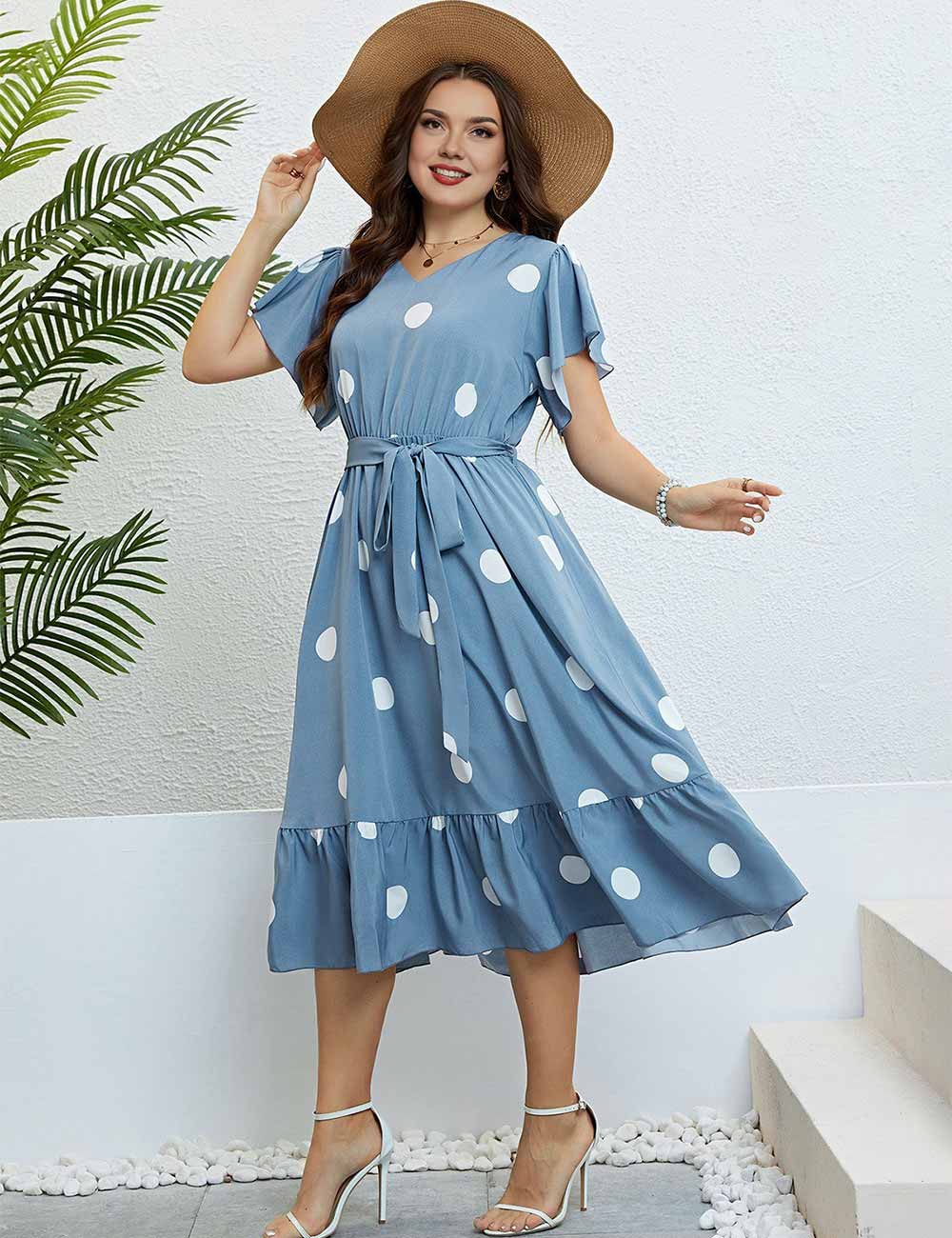 Plus Size Blue Polka Dot V-Neck Short Sleeve Midi Dress