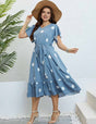 Plus Size Blue Polka Dot V-Neck Short Sleeve Midi Dress