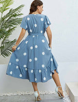 Plus Size Blue Polka Dot V-Neck Short Sleeve Midi Dress Back View