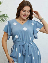 Plus Size Blue Polka Dot V-Neck Short Sleeve Dress