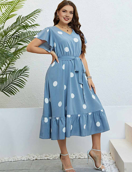 Plus Size Blue Polka Dot V-Neck Short Sleeve Midi Dress with Belt