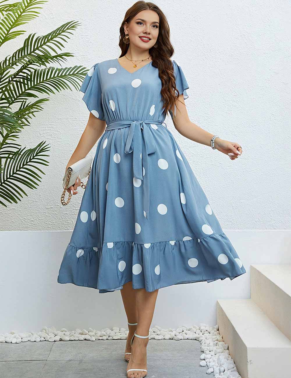 Plus Size Blue Polka Dot V-Neck Short Sleeve Midi Dress