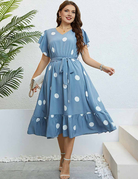 Plus Size Blue Polka Dot V-Neck Short Sleeve Midi Dress