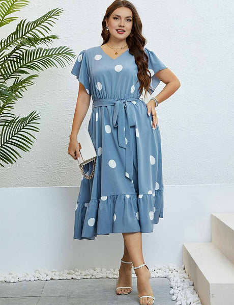 Plus Size Polka Dot Belted Flutter Sleeve Ruffle Hem Dress