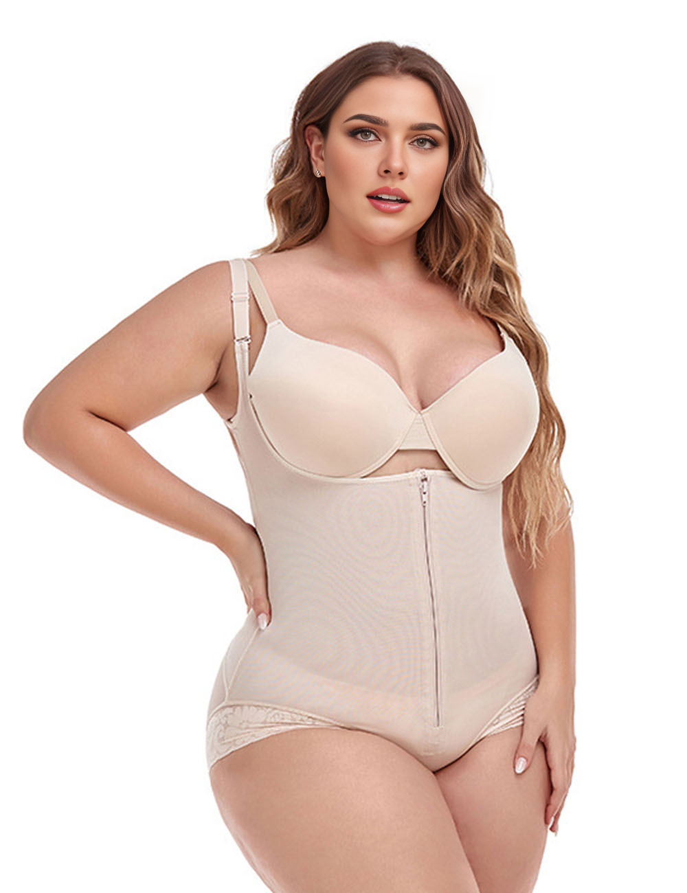 Plus Size Tummy Control Zipper Beige Shapewear