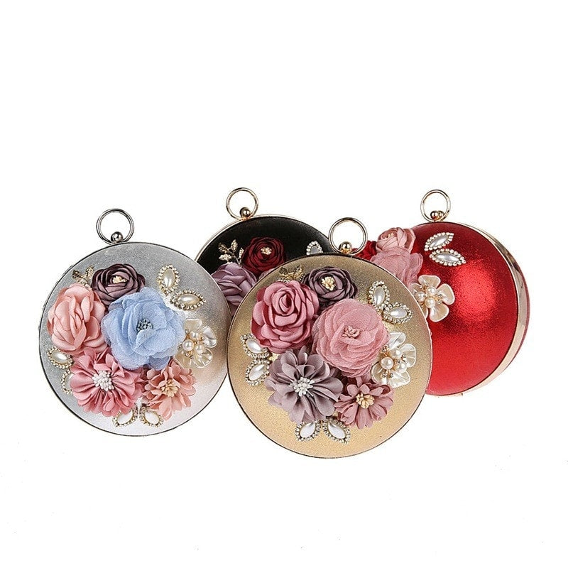 Red Floral Evening Bag Rhinestone Round Clutch Bag | PRUSES-1