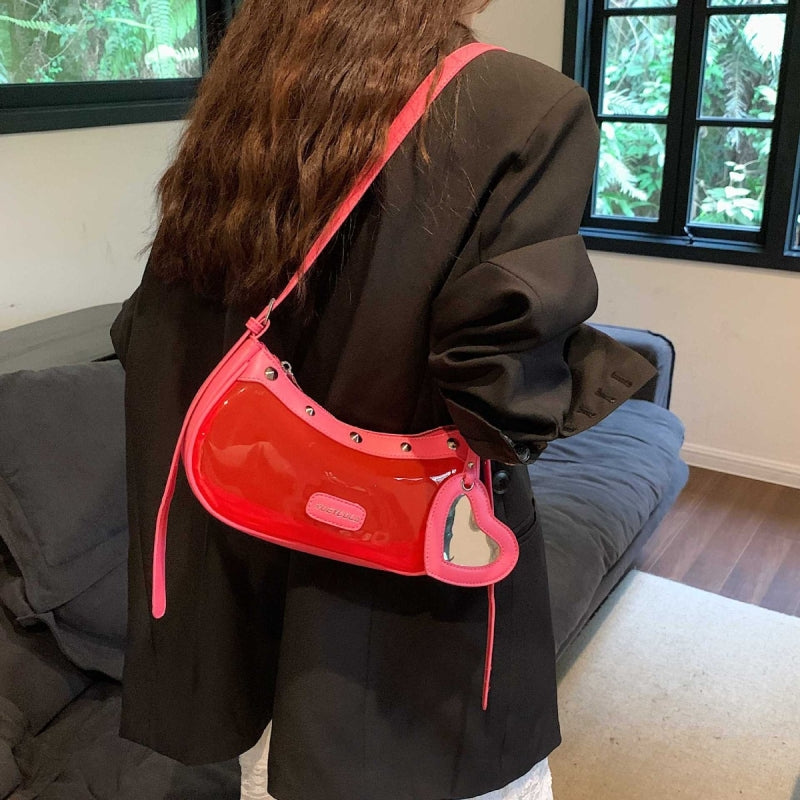 Red Rivet Clear Jelly Hobo Bag Studded Heart Charm Crossbody Purse| PRUSES-1