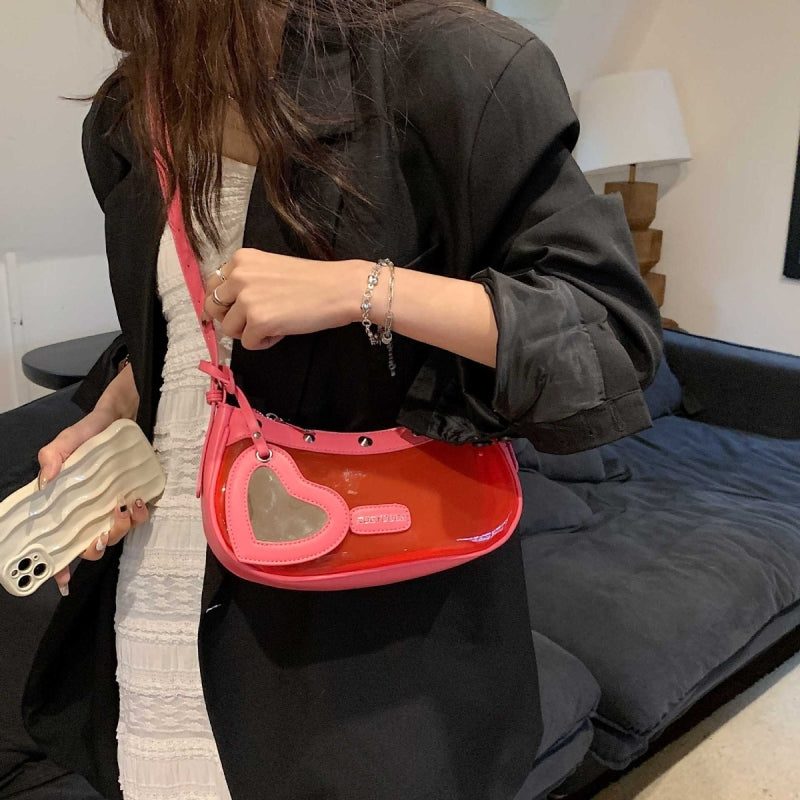 Red Rivet Clear Jelly Hobo Bag Studded Heart Charm Crossbody Purse| PRUSES-2