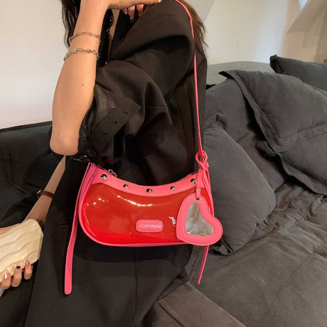 Red Rivet Clear Jelly Hobo Bag Studded Heart Charm Crossbody Purse| PRUSES-4