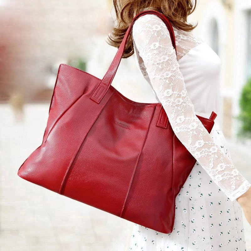 Red Soft Genuine Leather Tote Bag Simply Large Shoulder Shopper Bag | PRUSES-1