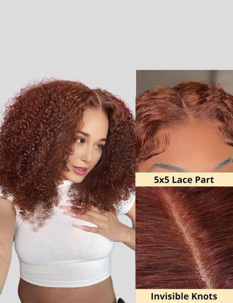 Reddish Brown Auburn #33 Curly Wear Go Glueless Wigs Invisible Knots HD Lace Human Hair Wigs-5-1