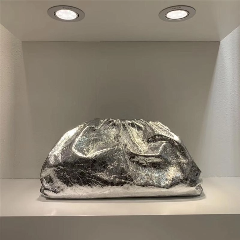 Silver Chain Brown Over Size Genuine Leather Pouch Bag Slouchy Clutches