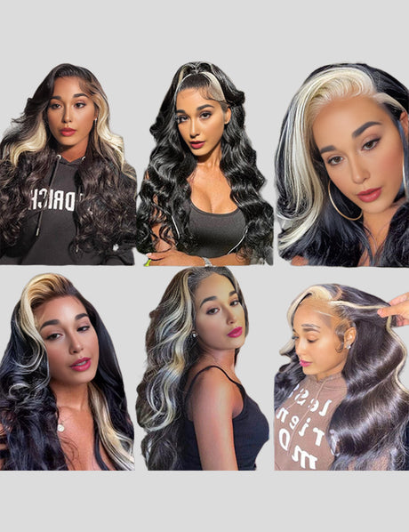 Skunk Stripe Hair Body Wave Front Wigs 30 Inch Lace Front Wigs with Baby Hair Colored Human Hair Wigs-5