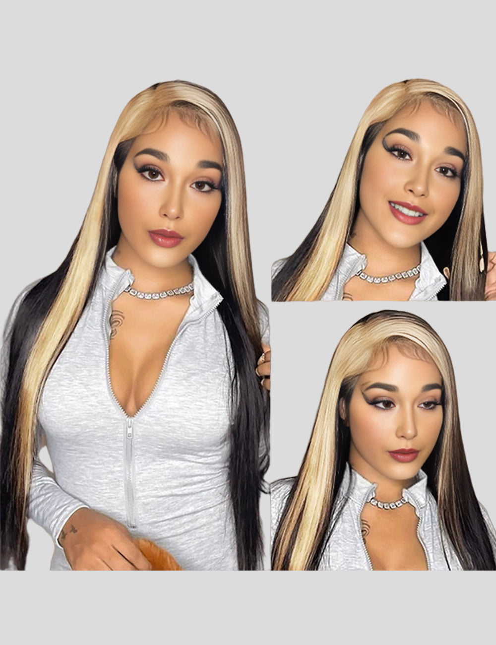 Skunk Stripe Wig HD Lace Front Wigs Highlight Straight Human Hair Wigs-3