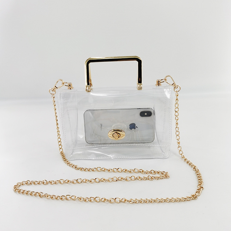 Small Clear Jelly Handbags Top Handle Twist Lock Flap Crossbody Purse with Chain | PRUSES-1