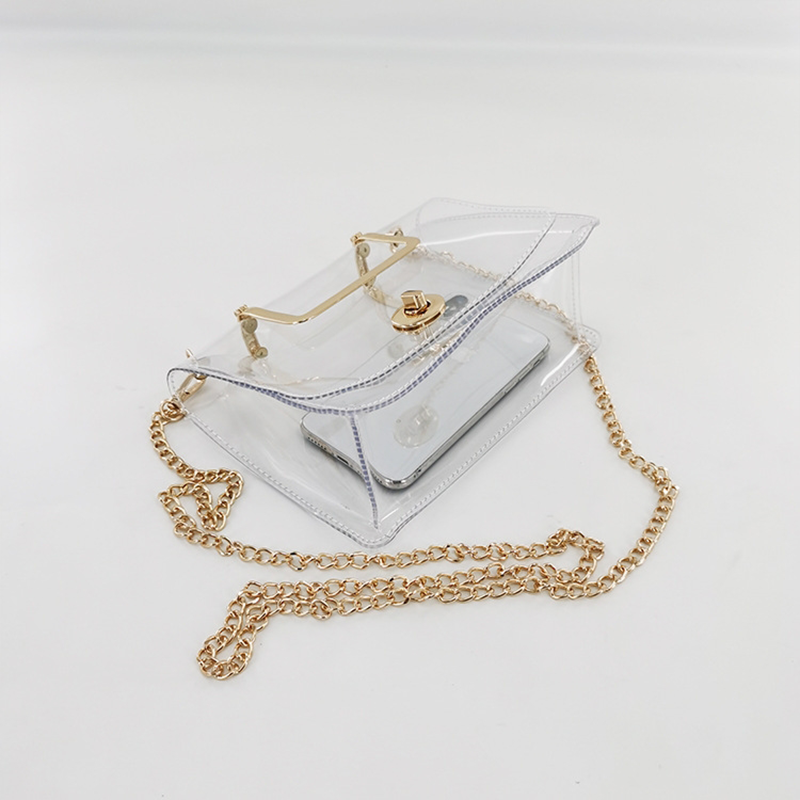Small Clear Jelly Handbags Top Handle Twist Lock Flap Crossbody Purse with Chain | PRUSES-2