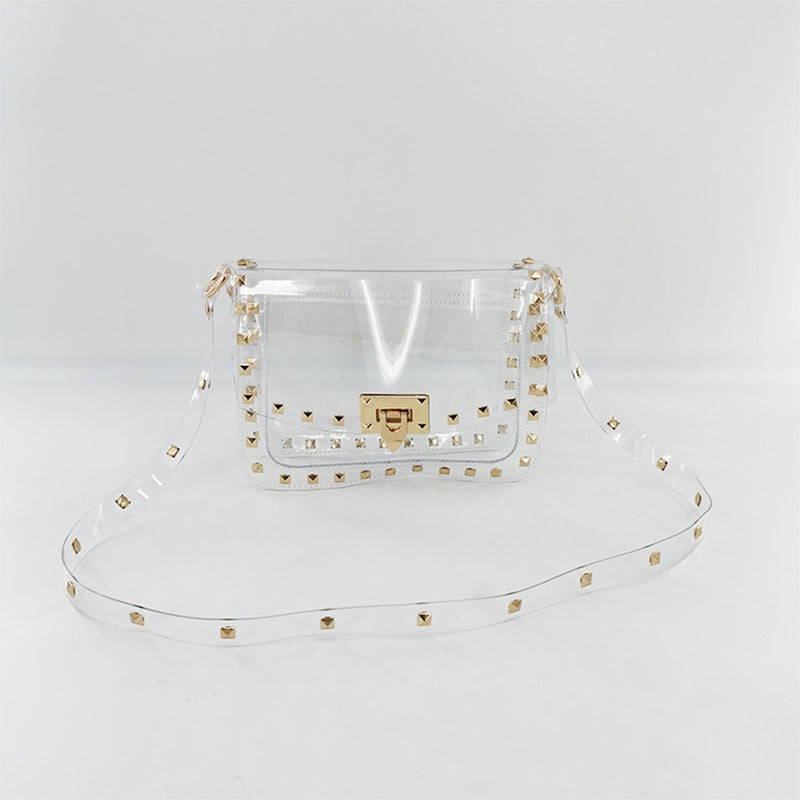 Studded Rivet Flap Clear Shoulder Bag Crossbody Purse with Chain Strap| PRUSES-1