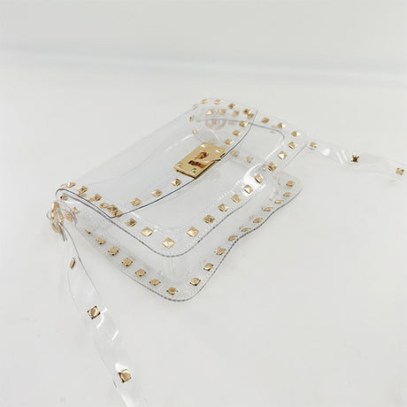 Studded Rivet Flap Clear Shoulder Bag Crossbody Purse with Chain Strap| PRUSES-10