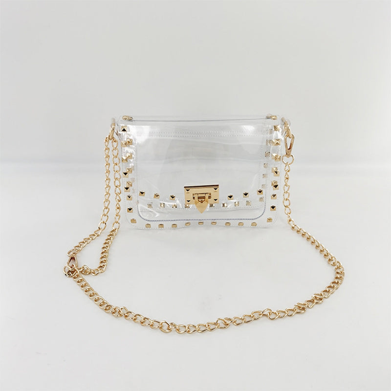Studded Rivet Flap Clear Shoulder Bag Crossbody Purse with Chain Strap| PRUSES-2