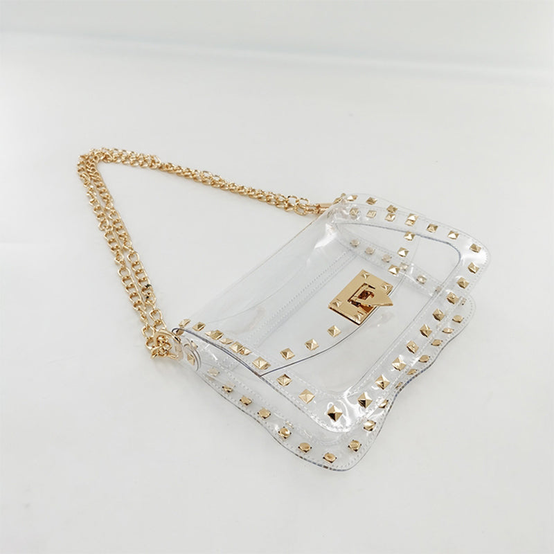 Studded Rivet Flap Clear Shoulder Bag Crossbody Purse with Chain Strap| PRUSES-3