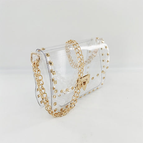Studded Rivet Flap Clear Shoulder Bag Crossbody Purse with Chain Strap| PRUSES-4