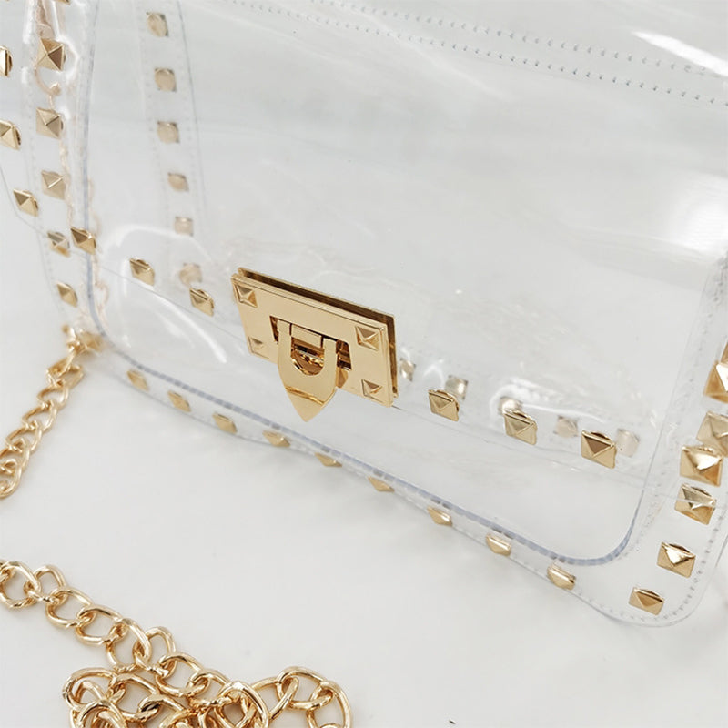 Studded Rivet Flap Clear Shoulder Bag Crossbody Purse with Chain Strap| PRUSES-5