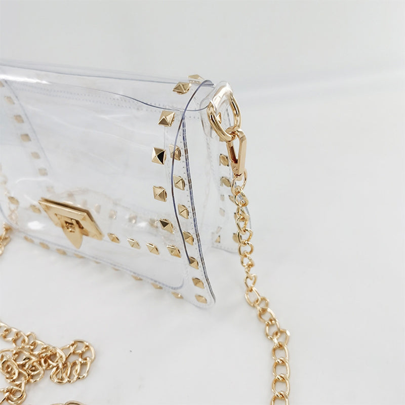 Studded Rivet Flap Clear Shoulder Bag Crossbody Purse with Chain Strap| PRUSES-6