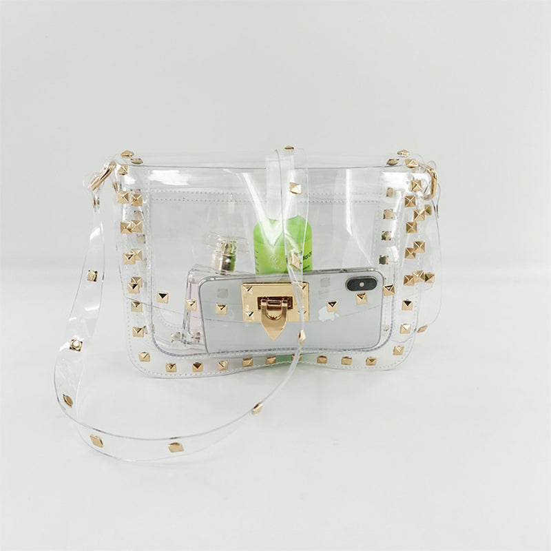 Studded Rivet Flap Clear Shoulder Bag Crossbody Purse with Chain Strap| PRUSES-8