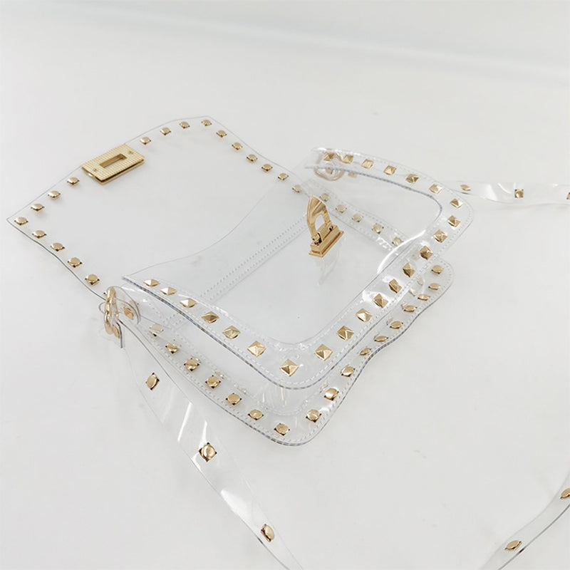 Studded Rivet Flap Clear Shoulder Bag Crossbody Purse with Chain Strap| PRUSES-9