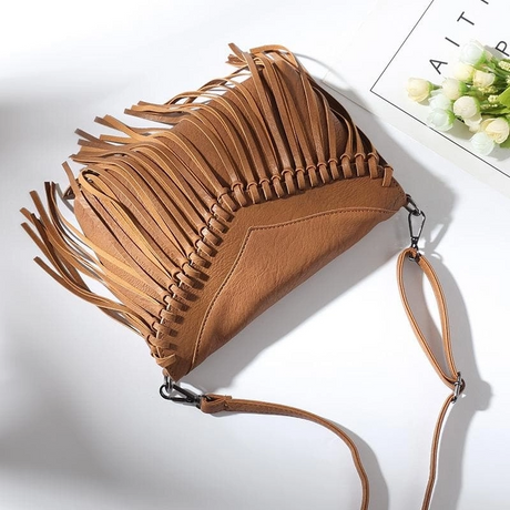 Tan Bohemia Vegan Leather Fringe Bags Crossbody Vintage Message Bags| PRUSES-1