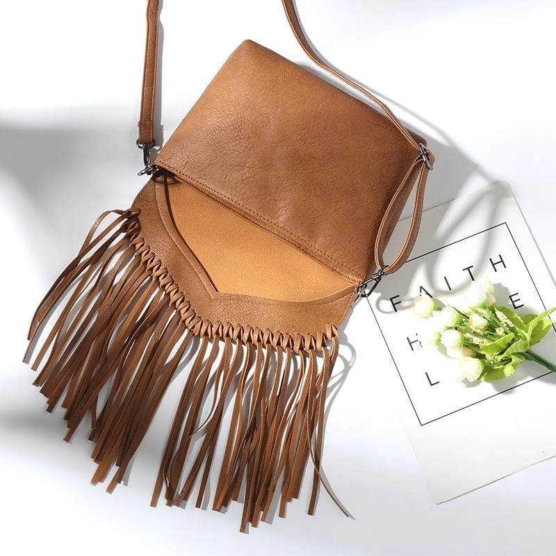 Tan Bohemia Vegan Leather Fringe Bags Crossbody Vintage Message Bags| PRUSES-2