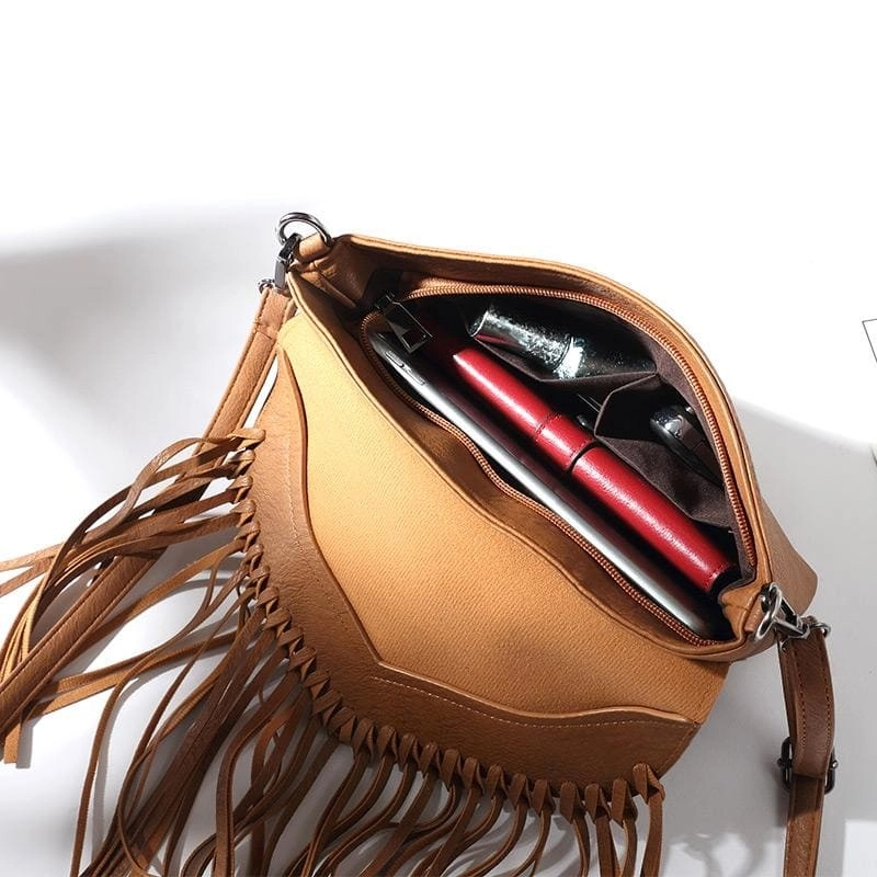 Tan Bohemia Vegan Leather Fringe Bags Crossbody Vintage Message Bags| PRUSES-5