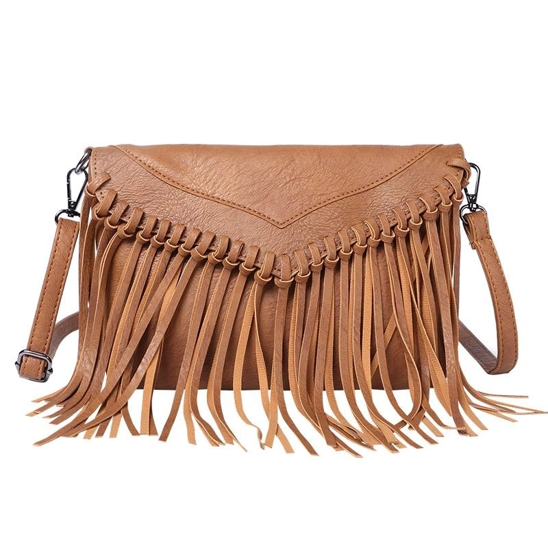 Tan Bohemia Vegan Leather Fringe Bags Crossbody Vintage Message Bags| PRUSES