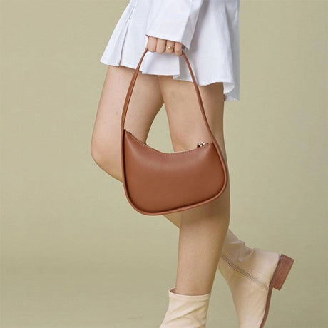 Tan Genuine Leather Half Moon Handbags Shoulder Bag With Zipper | PRUSES-3