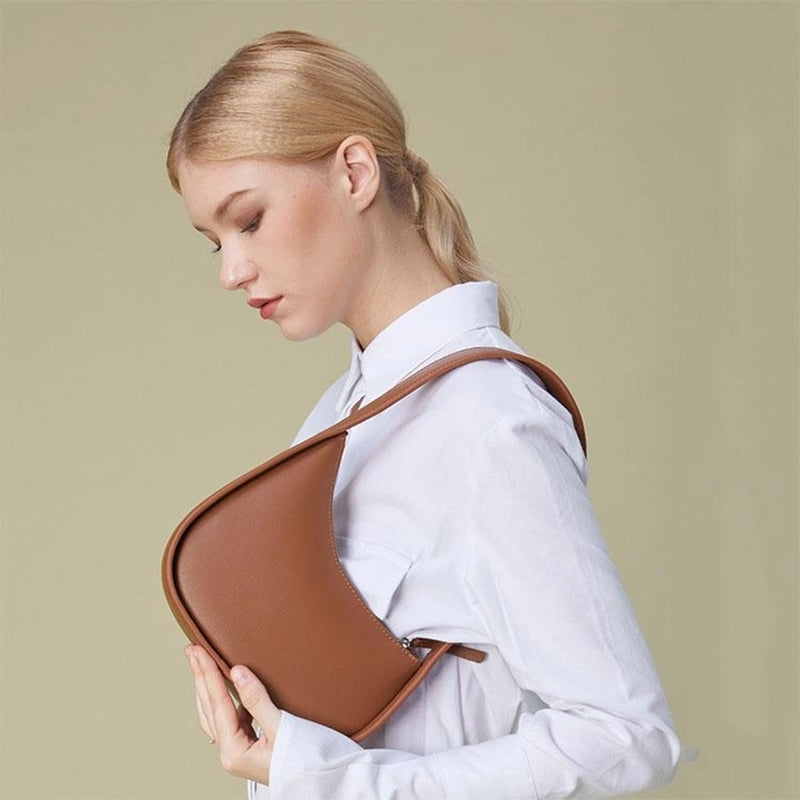 Tan Genuine Leather Half Moon Handbags Shoulder Bag With Zipper | PRUSES-4