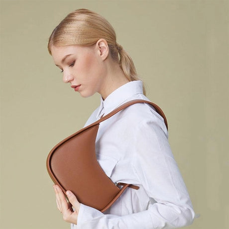 Tan Genuine Leather Half Moon Handbags Shoulder Bag With Zipper | PRUSES-4