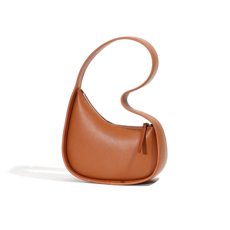 Tan Genuine Leather Half Moon Handbags Shoulder Bag With Zipper | PRUSES