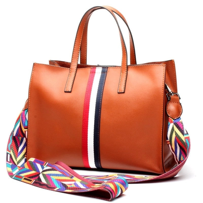 Tan Tri-color Stripe Leather Handbags | PRUSES