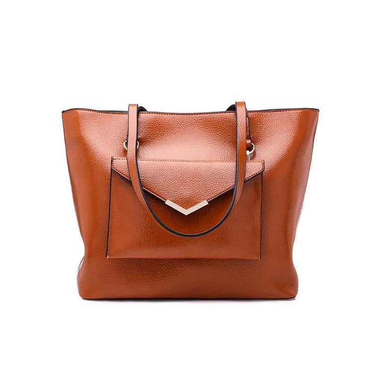 Tan Vegan Leather Tote Bags with Pocket | PRUSES