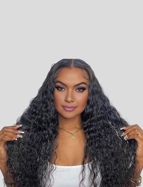 Water Wave Glueless Human Hair Wigs 150 Density Natural Color Pre Cut Lace Wig