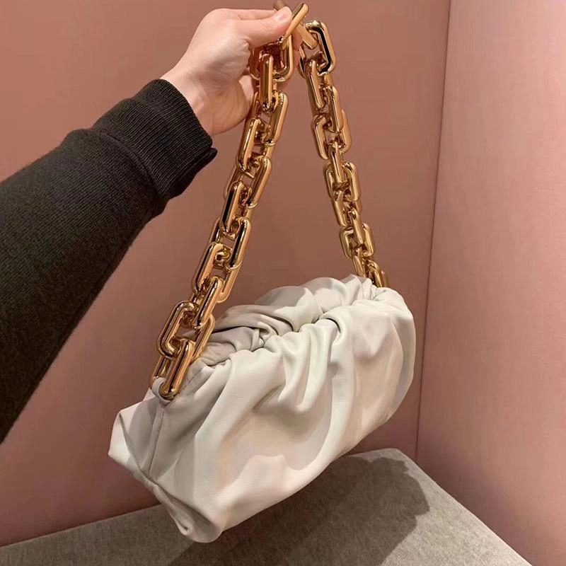 White Chain Brown Over Size Genuine Leather Pouch Bag Slouchy Clutches-1