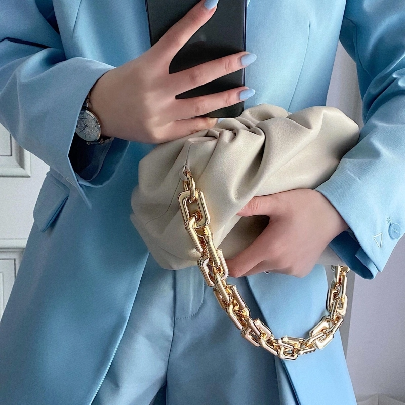 White Chain Brown Over Size Genuine Leather Pouch Bag Slouchy Clutches